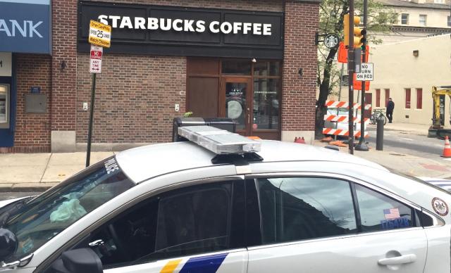Philadelphia police car outside Starbucks location of infamous 4/12/18 arrest incident. PhotoLBW